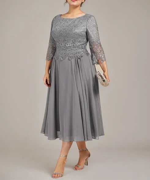A-line Scoop Tea-Length Lace Chiffon Mother of the Bride Dress