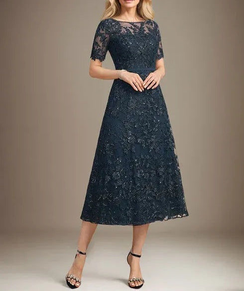 A-line Scoop Illusion Tea-Length Lace Mother of the Bride Dress With Sequins