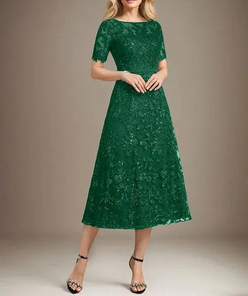 A-line Scoop Illusion Tea-Length Lace Mother of the Bride Dress With Sequins
