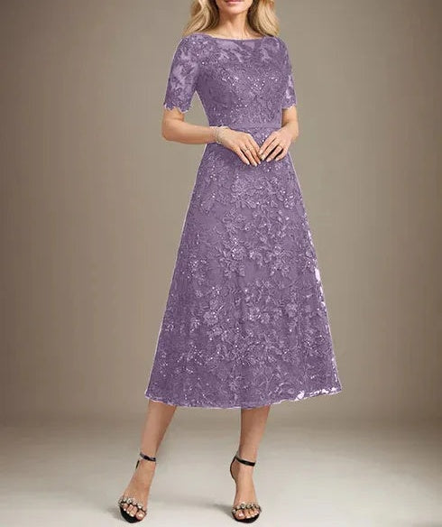 A-line Scoop Illusion Tea-Length Lace Mother of the Bride Dress With Sequins