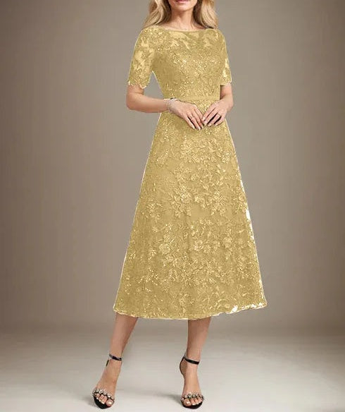 A-line Scoop Illusion Tea-Length Lace Mother of the Bride Dress With Sequins