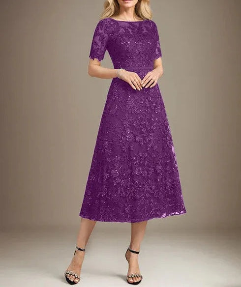 A-line Scoop Illusion Tea-Length Lace Mother of the Bride Dress With Sequins