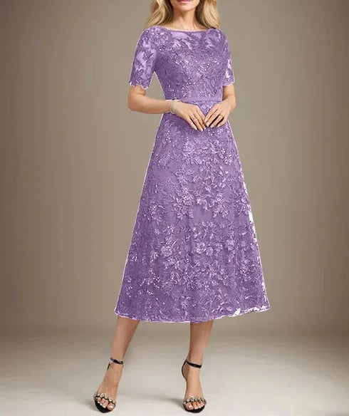 A-line Scoop Illusion Tea-Length Lace Mother of the Bride Dress With Sequins