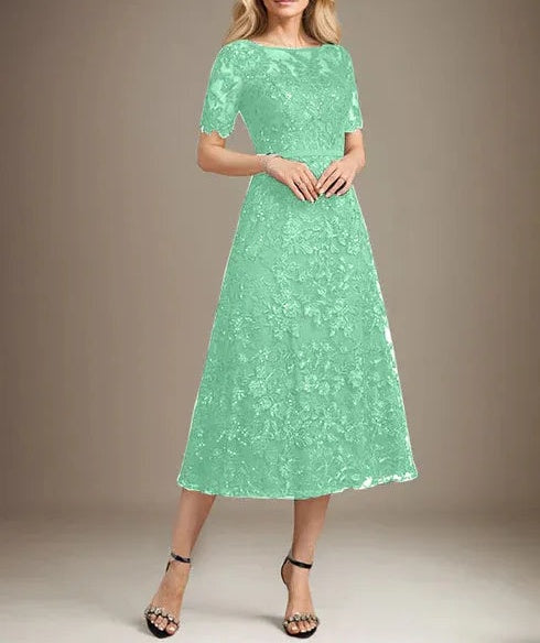 A-line Scoop Illusion Tea-Length Lace Mother of the Bride Dress With Sequins