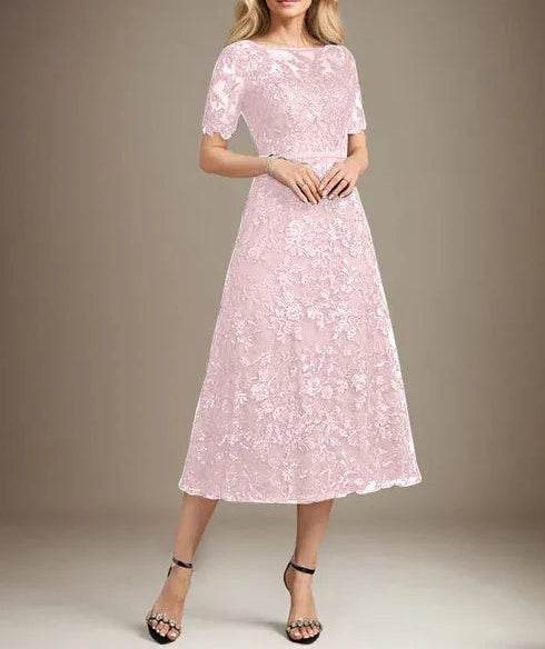 A-line Scoop Illusion Tea-Length Lace Mother of the Bride Dress With Sequins