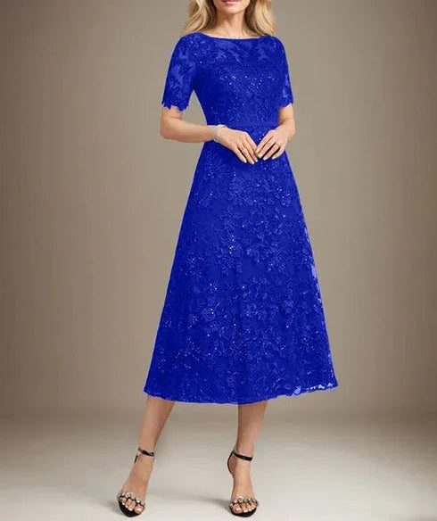 A-line Scoop Illusion Tea-Length Lace Mother of the Bride Dress With Sequins