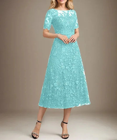 A-line Scoop Illusion Tea-Length Lace Mother of the Bride Dress With Sequins
