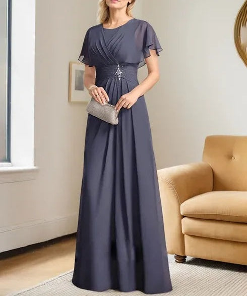 A-line Scoop Floor-Length Chiffon Mother of the Bride Dress With Pleated Beading