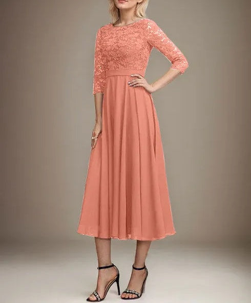 A-line Scoop Tea-Length Lace Chiffon Mother of the Bride Dress With Sequins