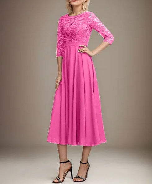 A-line Scoop Tea-Length Lace Chiffon Mother of the Bride Dress With Sequins
