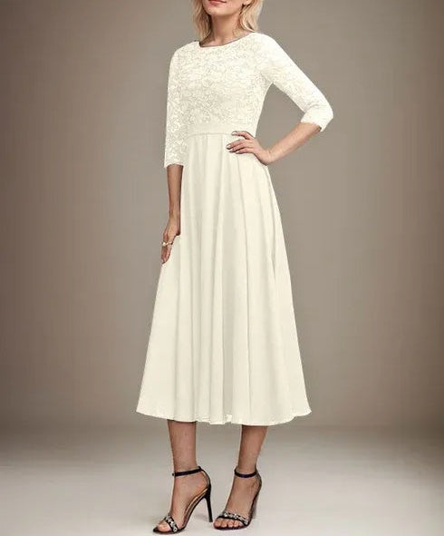 A-line Scoop Tea-Length Lace Chiffon Mother of the Bride Dress With Sequins