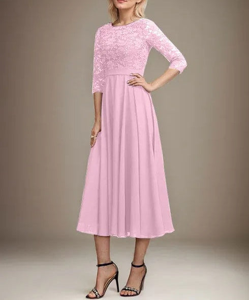 A-line Scoop Tea-Length Lace Chiffon Mother of the Bride Dress With Sequins