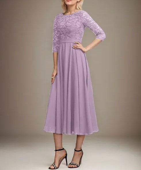 A-line Scoop Tea-Length Lace Chiffon Mother of the Bride Dress With Sequins