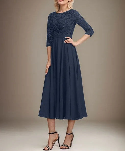 A-line Scoop Tea-Length Lace Chiffon Mother of the Bride Dress With Sequins