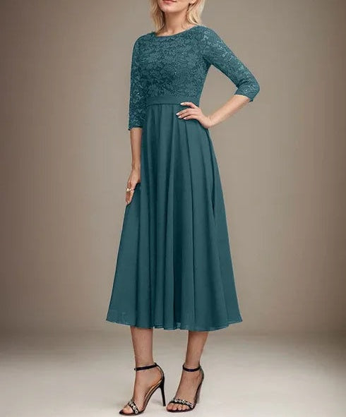 A-line Scoop Tea-Length Lace Chiffon Mother of the Bride Dress With Sequins