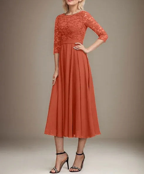 A-line Scoop Tea-Length Lace Chiffon Mother of the Bride Dress With Sequins