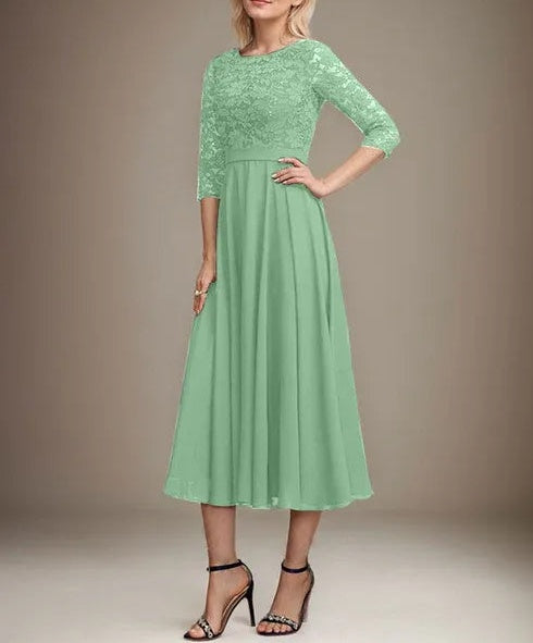 A-line Scoop Tea-Length Lace Chiffon Mother of the Bride Dress With Sequins
