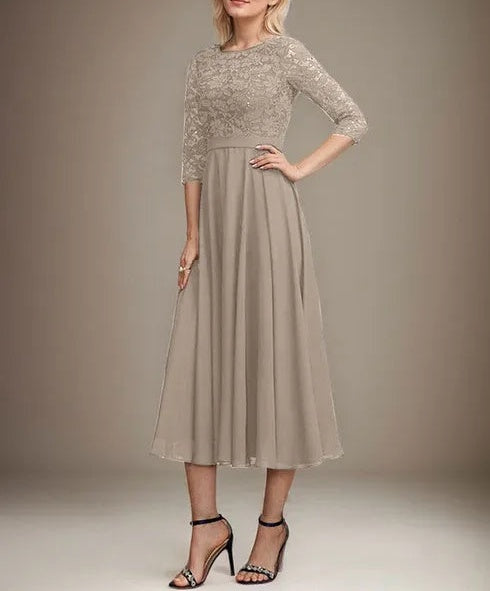 A-line Scoop Tea-Length Lace Chiffon Mother of the Bride Dress With Sequins