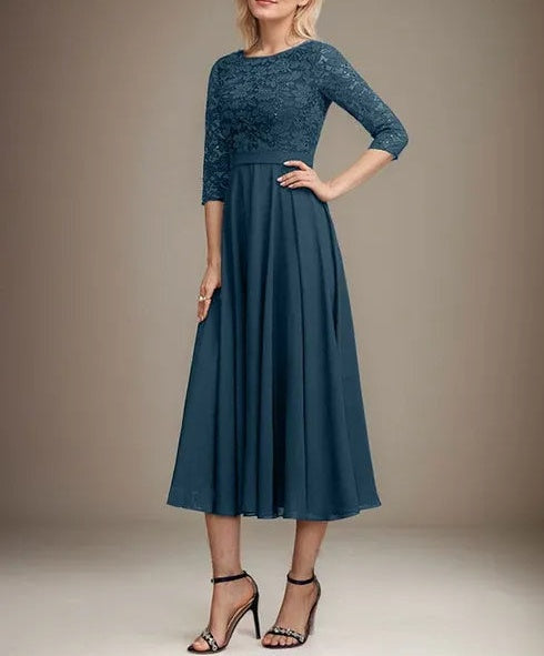 A-line Scoop Tea-Length Lace Chiffon Mother of the Bride Dress With Sequins