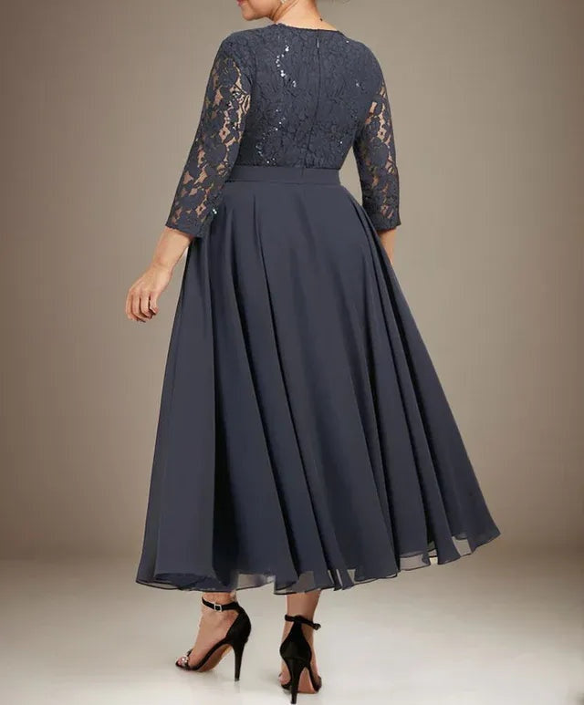 A-line Scoop Tea-Length Lace Chiffon Mother of the Bride Dress With Sequins
