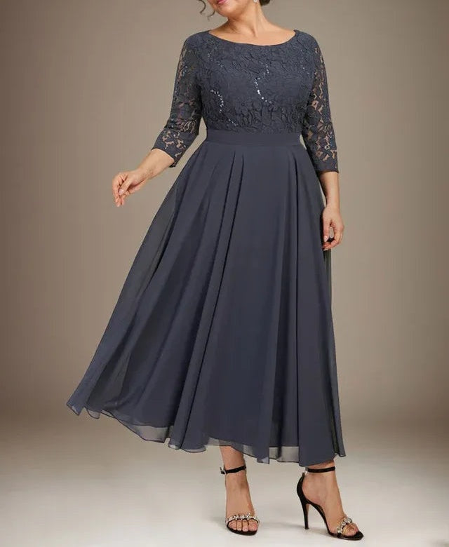 A-line Scoop Tea-Length Lace Chiffon Mother of the Bride Dress With Sequins