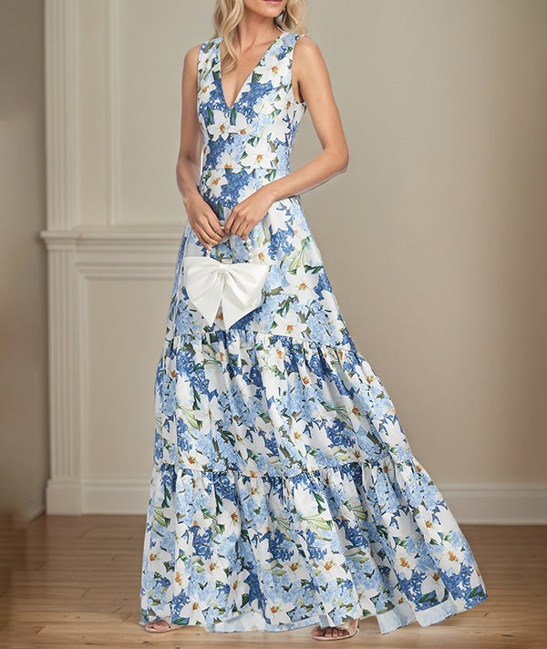 A-Line V-Neck Sleeveless Azure Floral Mother of the Bride Dress