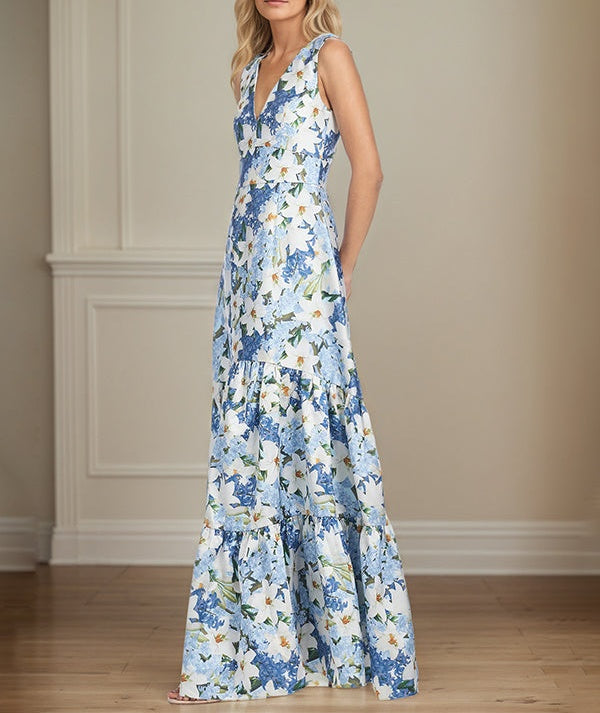 A-Line V-Neck Sleeveless Azure Floral Mother of the Bride Dress