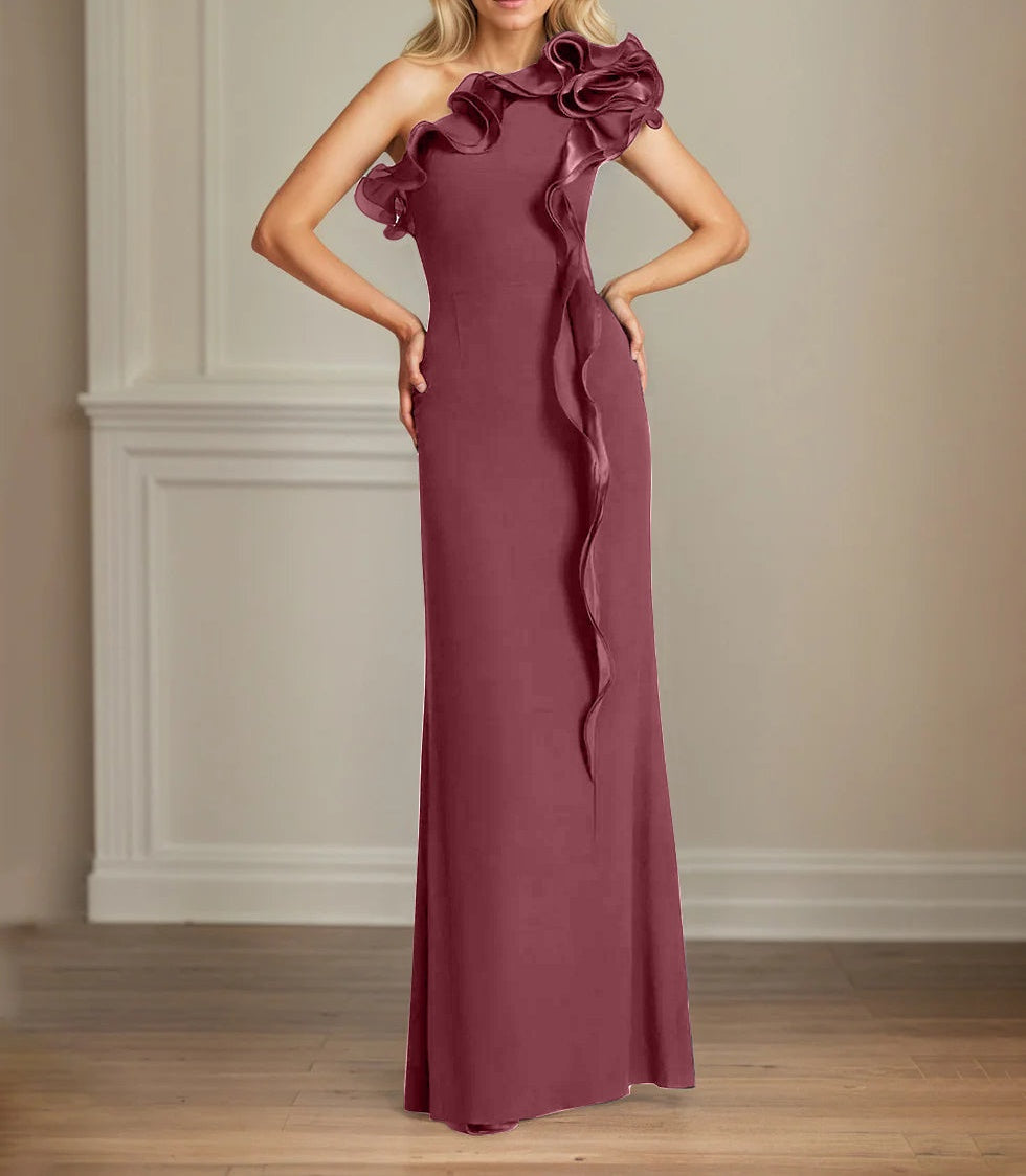 Navy Stretch Crepe Sheath/Column One Shoulder Floor Length Mother of the Bride Dresses With Ruffles
