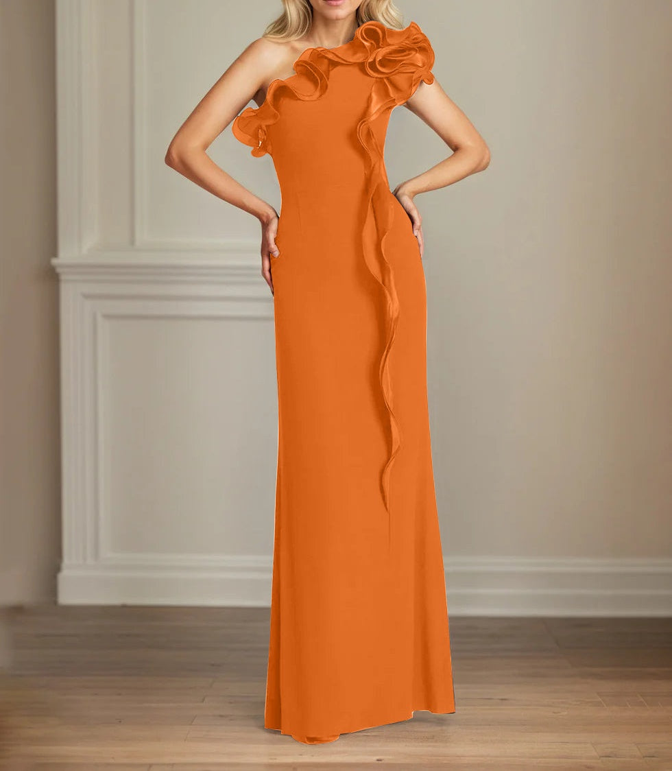 Navy Stretch Crepe Sheath/Column One Shoulder Floor Length Mother of the Bride Dresses With Ruffles