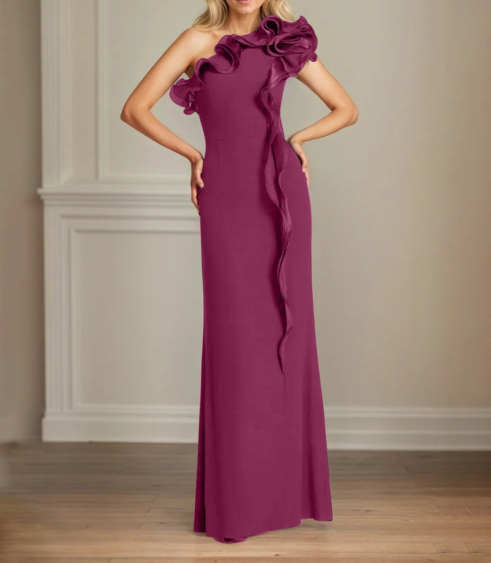 Navy Stretch Crepe Sheath/Column One Shoulder Floor Length Mother of the Bride Dresses With Ruffles