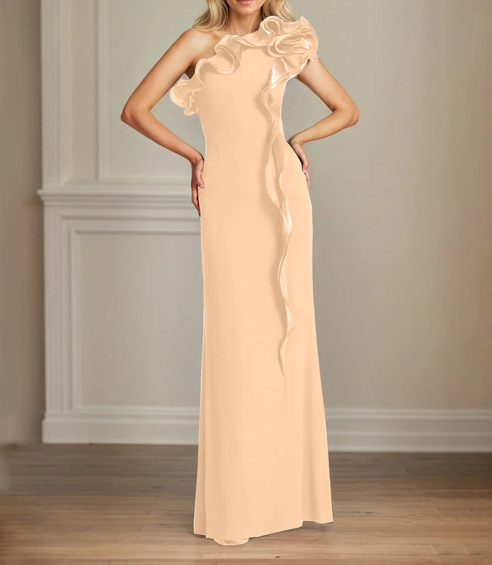 Navy Stretch Crepe Sheath/Column One Shoulder Floor Length Mother of the Bride Dresses With Ruffles