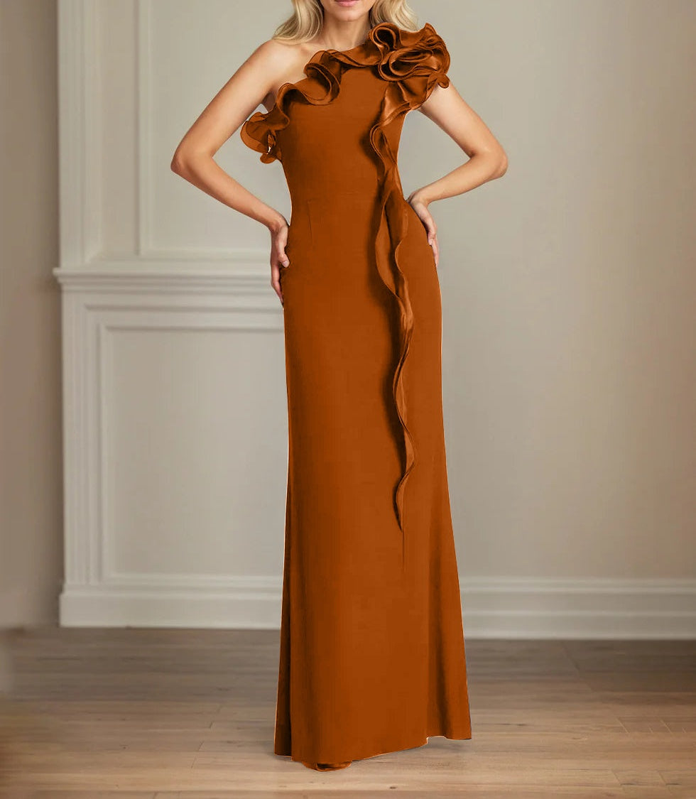 Navy Stretch Crepe Sheath/Column One Shoulder Floor Length Mother of the Bride Dresses With Ruffles