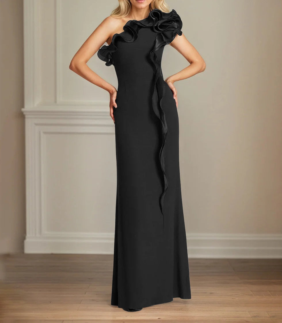 Navy Stretch Crepe Sheath/Column One Shoulder Floor Length Mother of the Bride Dresses With Ruffles