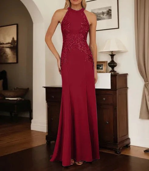 Dusty Blue Sheath Halter Long Mother of Bride Dress With Appliques