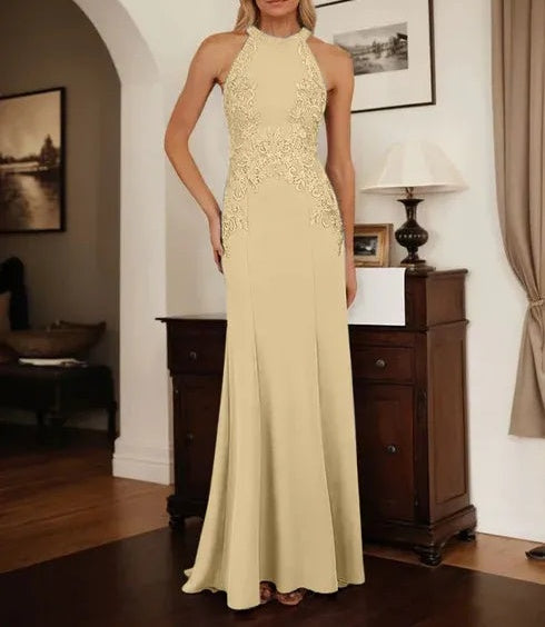 Dusty Blue Sheath Halter Long Mother of Bride Dress With Appliques