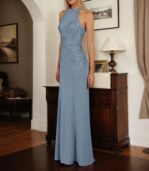 Dusty Blue Sheath Halter Long Mother of Bride Dress With Appliques