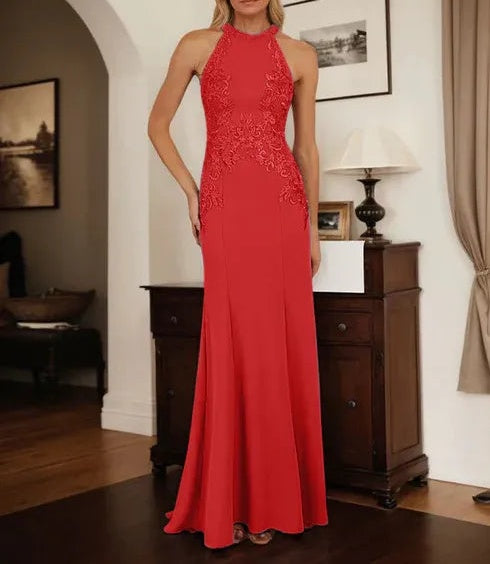 Dusty Blue Sheath Halter Long Mother of Bride Dress With Appliques