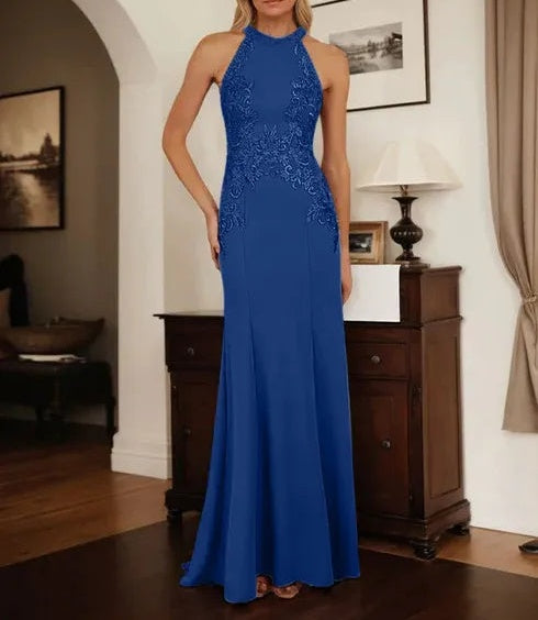 Dusty Blue Sheath Halter Long Mother of Bride Dress With Appliques
