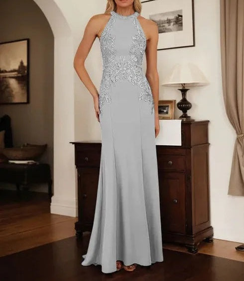 Dusty Blue Sheath Halter Long Mother of Bride Dress With Appliques