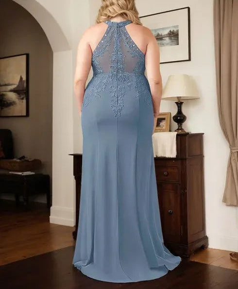 Dusty Blue Sheath Halter Long Mother of Bride Dress With Appliques
