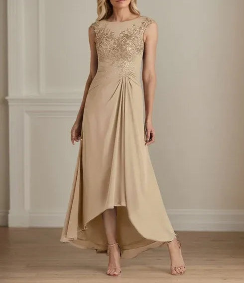 Champagne A-Line Scoop Lace Chiffon Dress