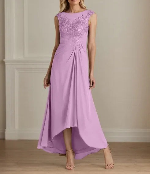 Champagne A-Line Scoop Lace Chiffon Dress