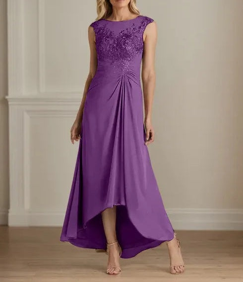 Champagne A-Line Scoop Lace Chiffon Dress