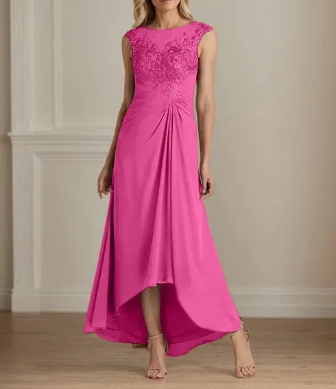Champagne A-Line Scoop Lace Chiffon Dress