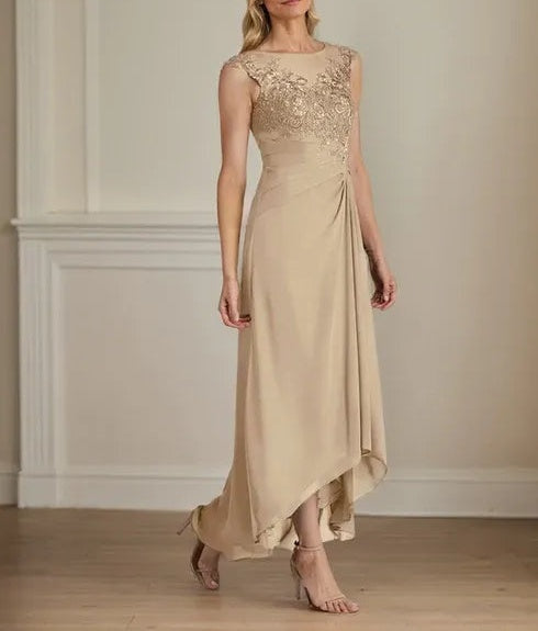 Champagne A-Line Scoop Lace Chiffon Dress