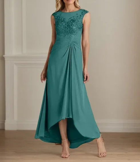 Champagne A-Line Scoop Lace Chiffon Dress