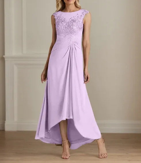 Champagne A-Line Scoop Lace Chiffon Dress