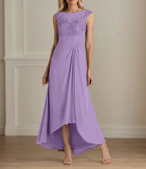 Champagne A-Line Scoop Lace Chiffon Dress
