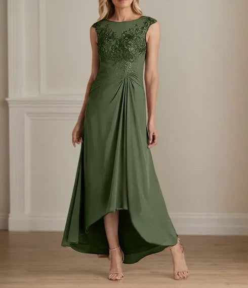 Champagne A-Line Scoop Lace Chiffon Dress