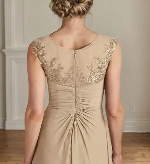 Champagne A-Line Scoop Lace Chiffon Dress